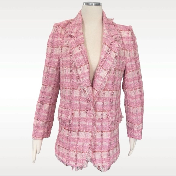 TWINSET ACTITUDE Jacquard Check Boucle Tweed Lurex Fringe Boyfriend Fit Blazer - Picture 12 of 16